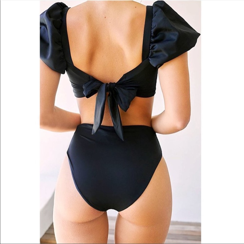 The Free Yoga Black Puff Sleeve High Waisted Bikini Bathing Suit